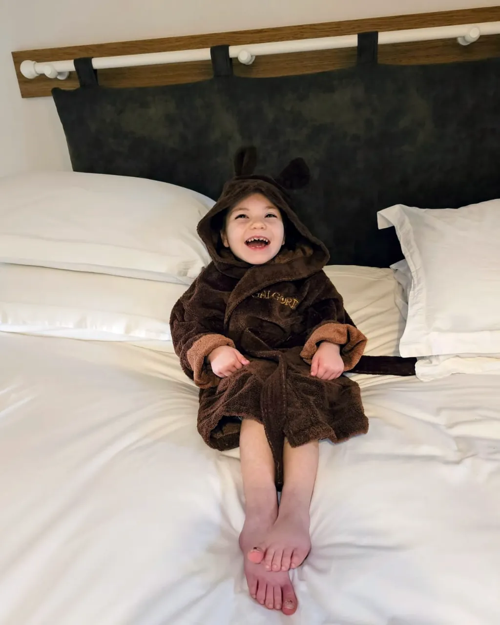 Jorja in a hotel robe