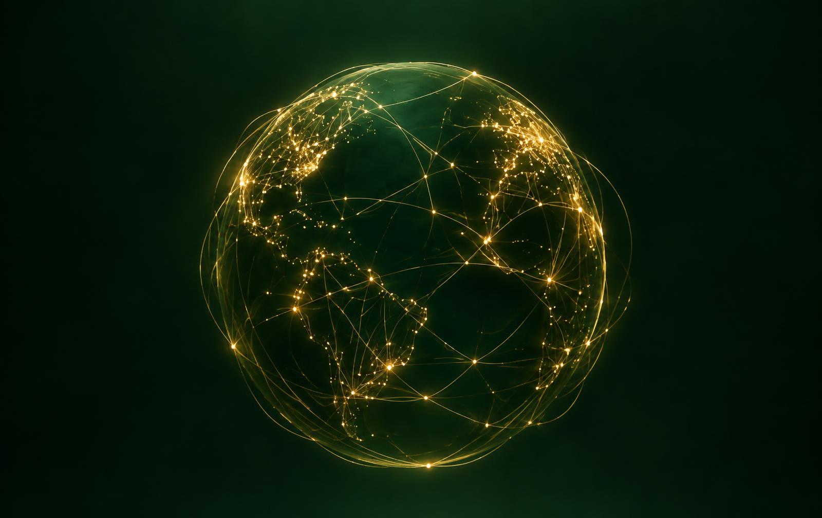 Gold network lines across a dark globe