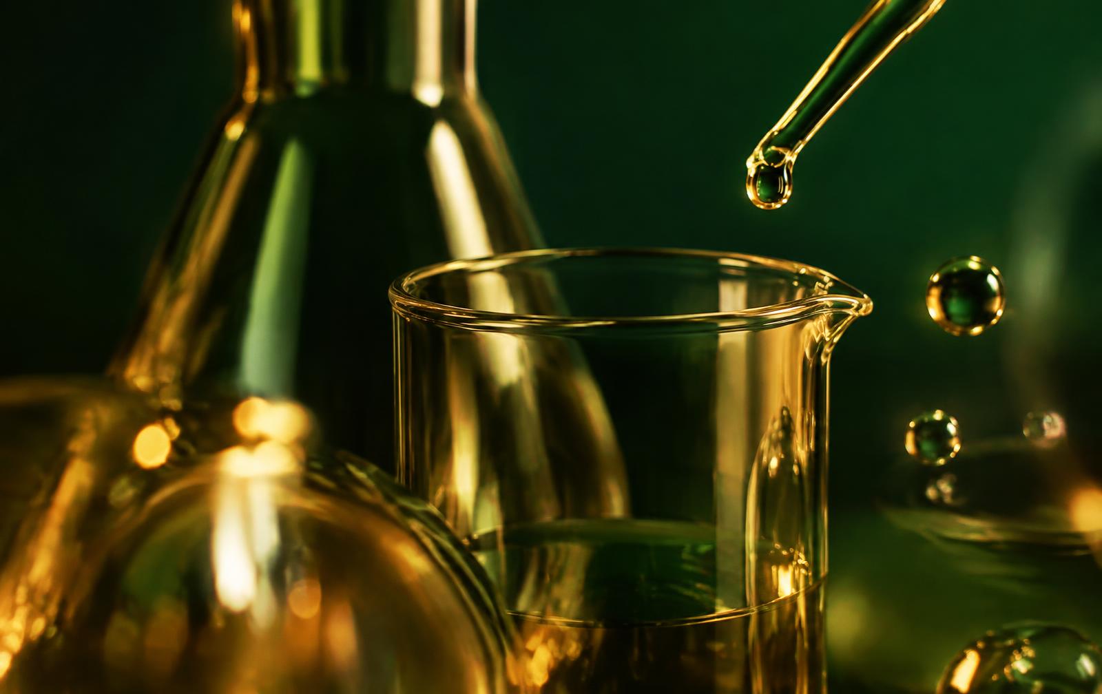 Laboratory glassware in warm light